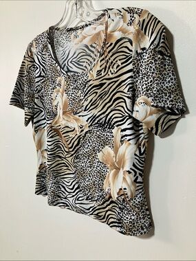 Whimsygoth Y2K Mixed Animal Print Floral Short Sleeve Blouse T-Shirt Top Sz S